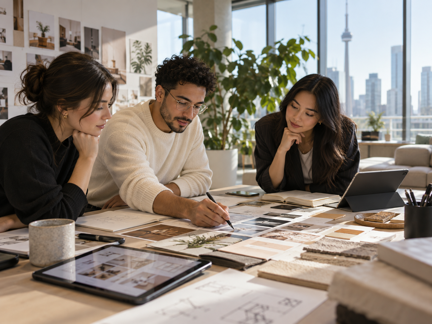 Creative studio workspace with Toronto skyline and content references
