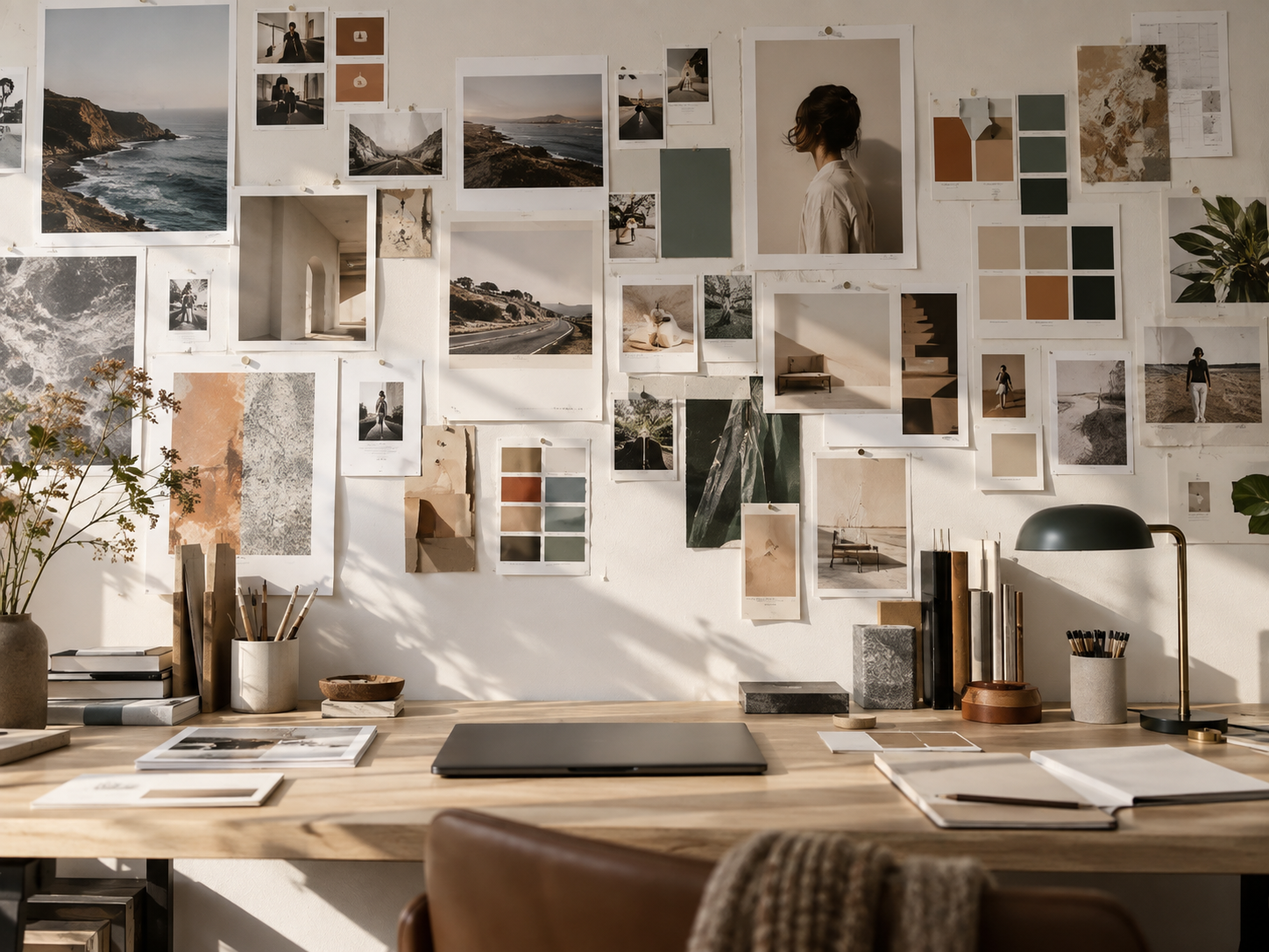 Sunlit creative moodboard workspace