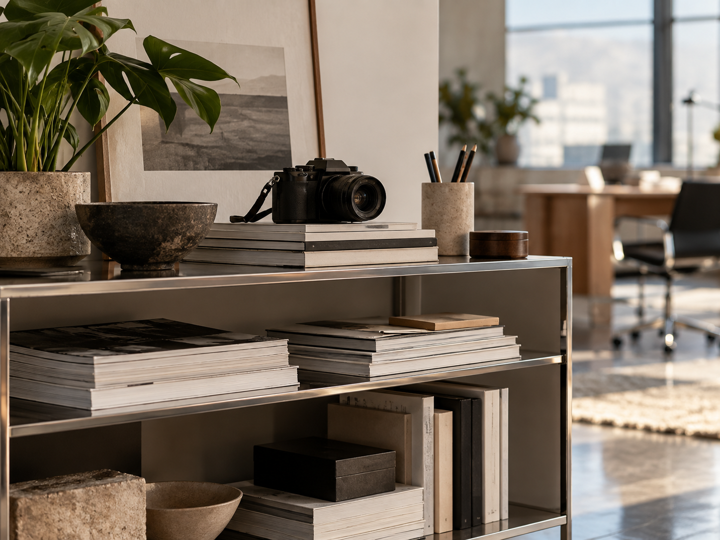 Curated modern workspace shelving with books and creative tools